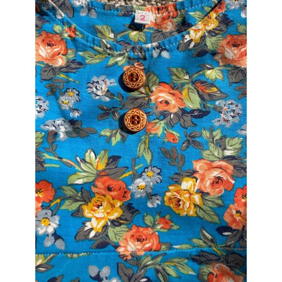 Makena Lane Girls Floral Romper Dress Size 2 Blue Orange Flowers Ruffle Pockets - Picture 3 of 5